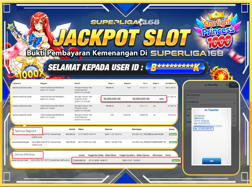 SUPERLIGA168 JACKPOT STARLIGHT PRINCESS 1000 Rp.25,000,000LUNAS